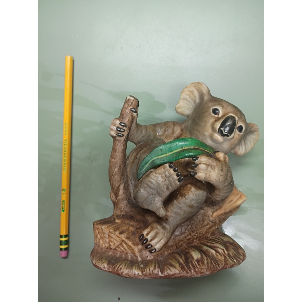 Vintage Ceramic Koala Figurine on Tree Branch with Eucalyptus Leaf 6 Inch